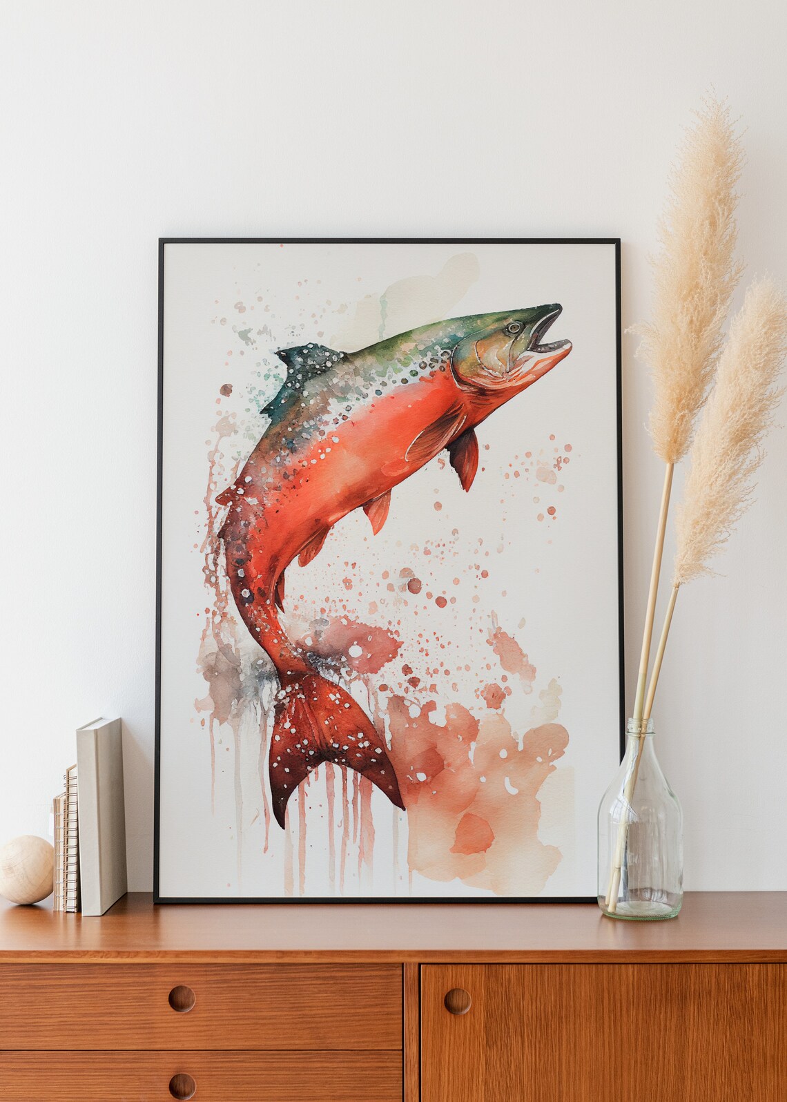 Sockeye Salmon Leaping Mid Run Watercolor Fish Wildlife Poster