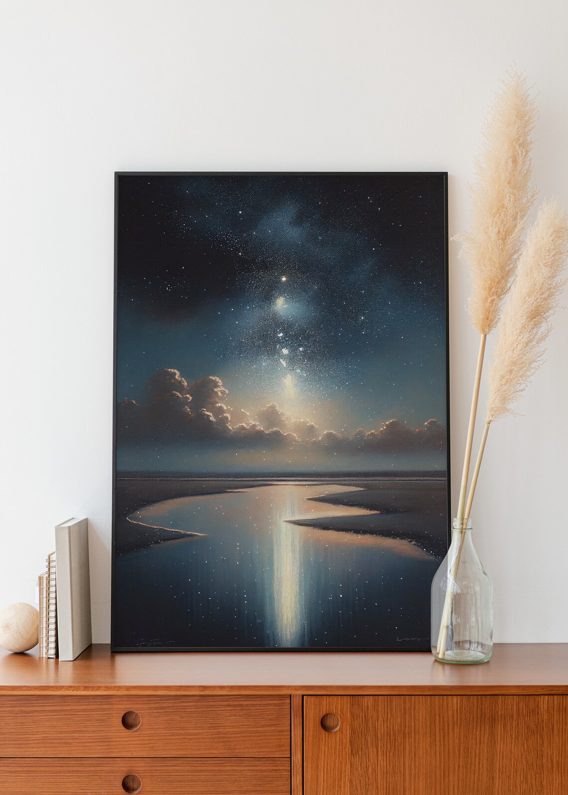 Starry Milky Way Night Sky Over Calm River Landscape Painting Poster