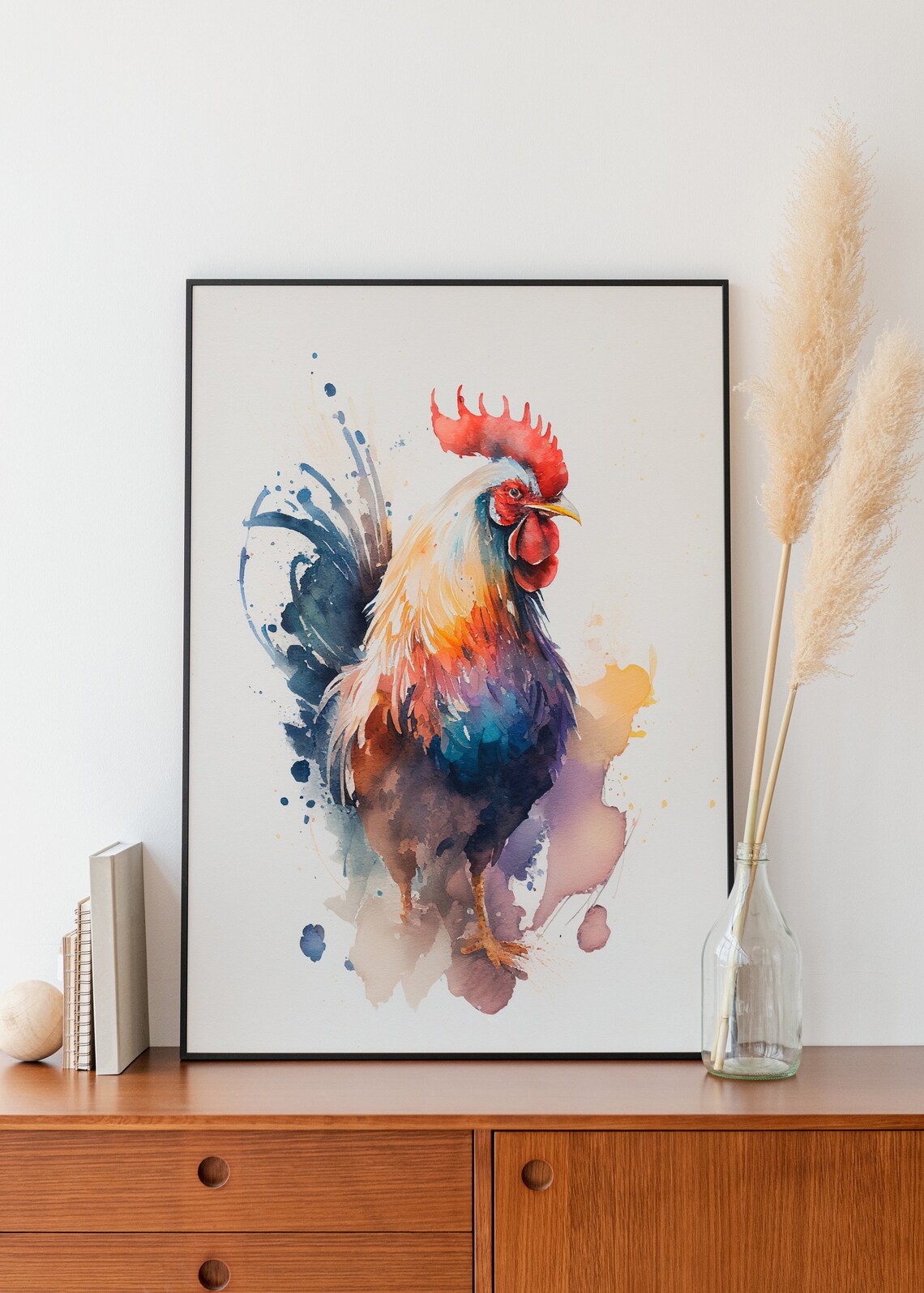 Colorful Proud Rooster Strutting Watercolor Farm Bird Portrait Poster