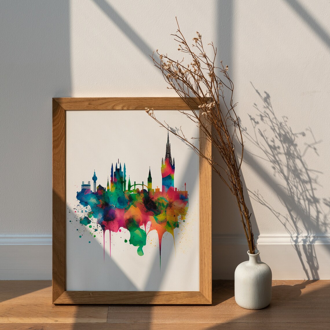 Old Town Church Spires Colorful Watercolor Skyline Art Poster - Image 2