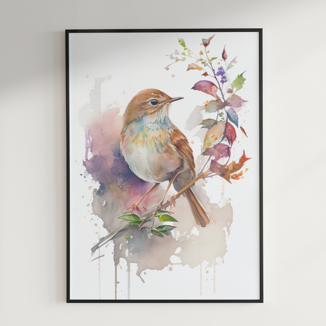 Sweet Brown Songbird on Autumn Branch Watercolor Bird Wall Art - Image 3