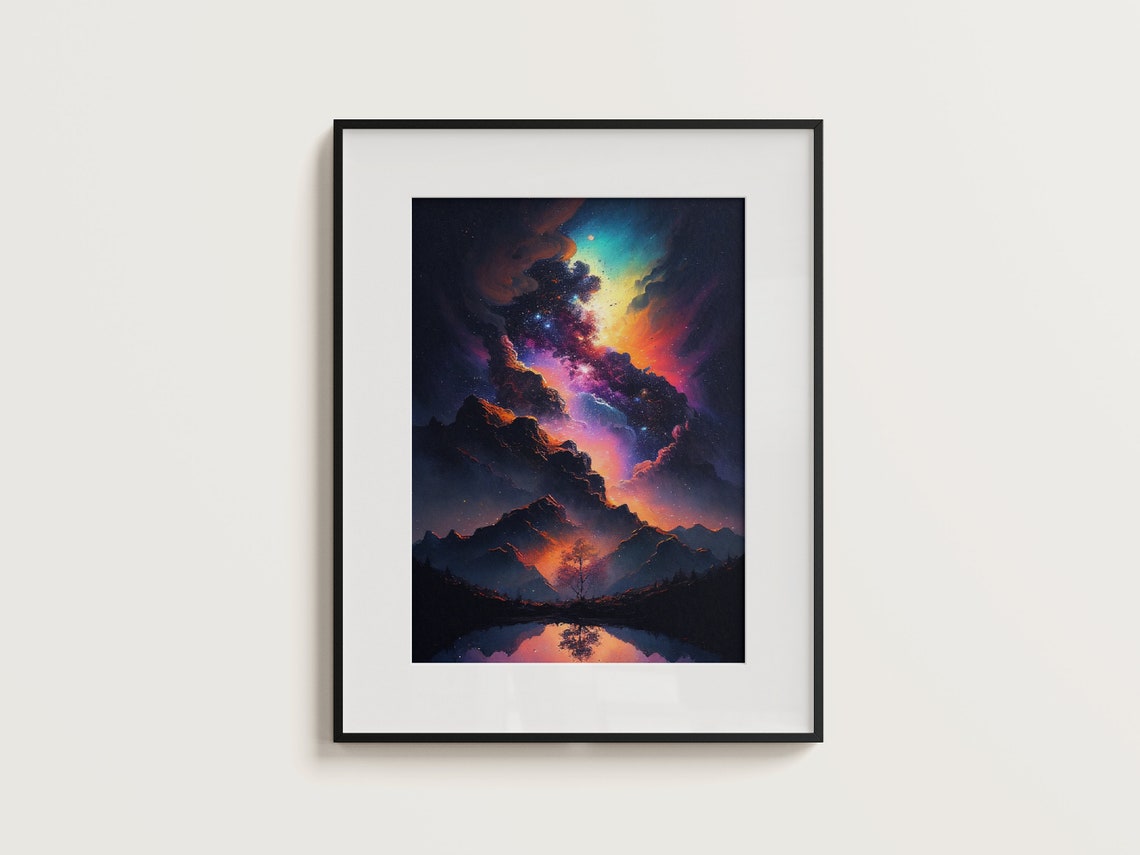 Milky Way Night Sky Over Mountain Lake with Lone Tree Poster - Image 3