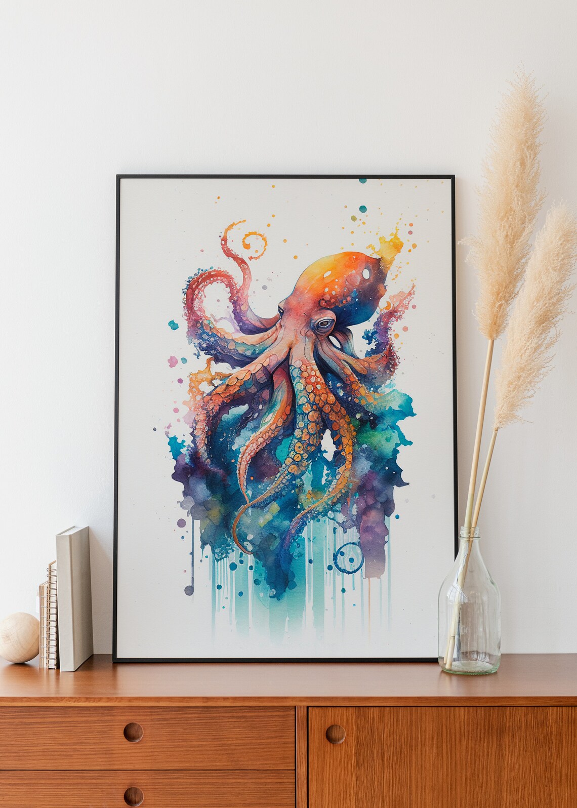 Vibrant Octopus Tentacles Colorful Watercolor Ocean Life Wall Art