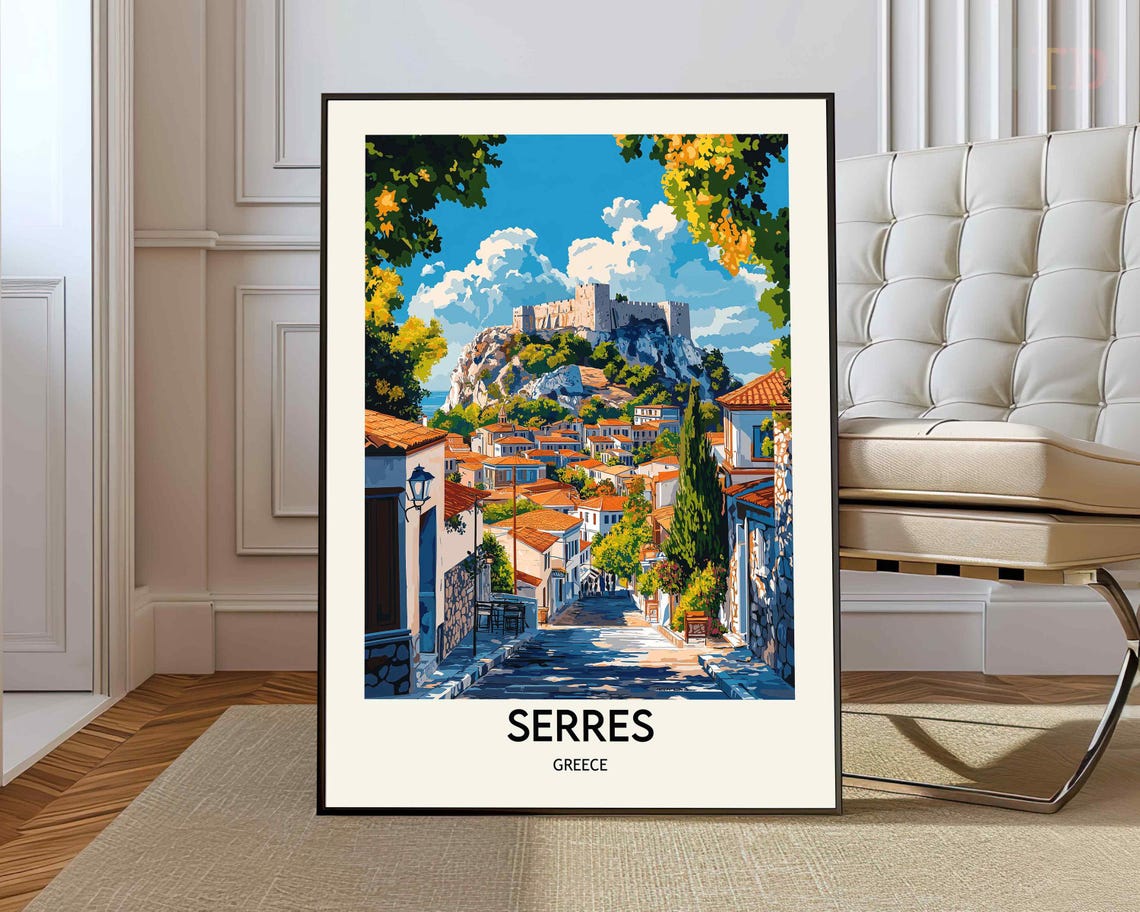 Serres Greece Hilltop Castle Old Town Cobblestone Travel Poster