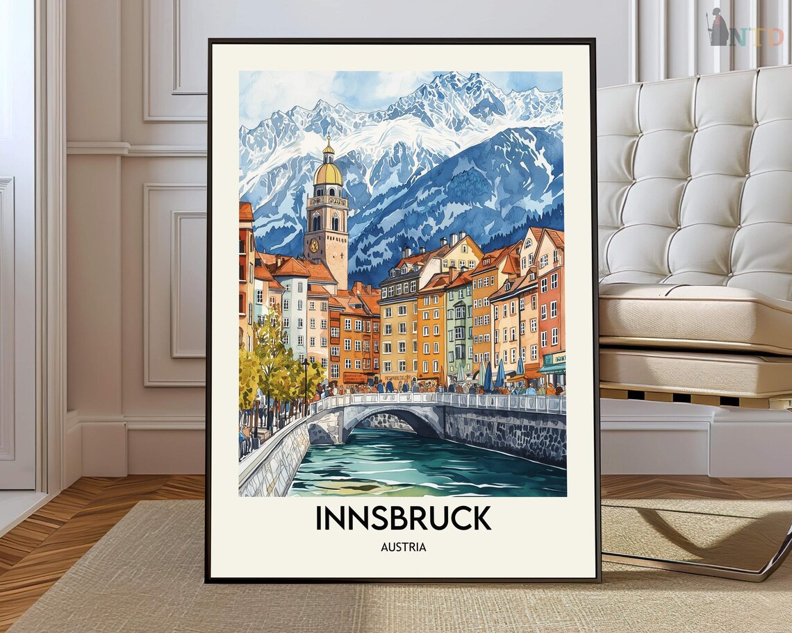 Innsbruck Austria Alpine Old Town River Bridge Vintage Travel Poster