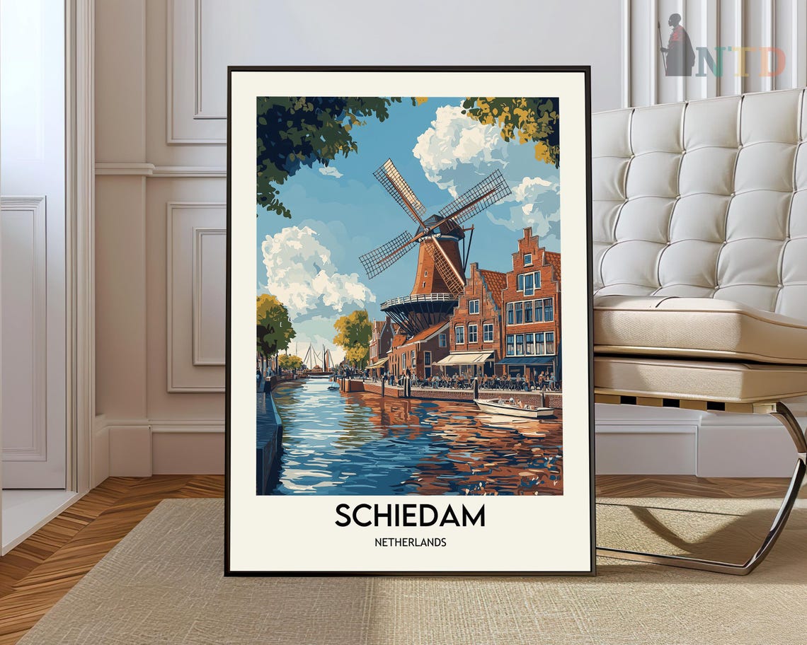 Schiedam Netherlands Grand Windmill Canal Vintage Travel Poster