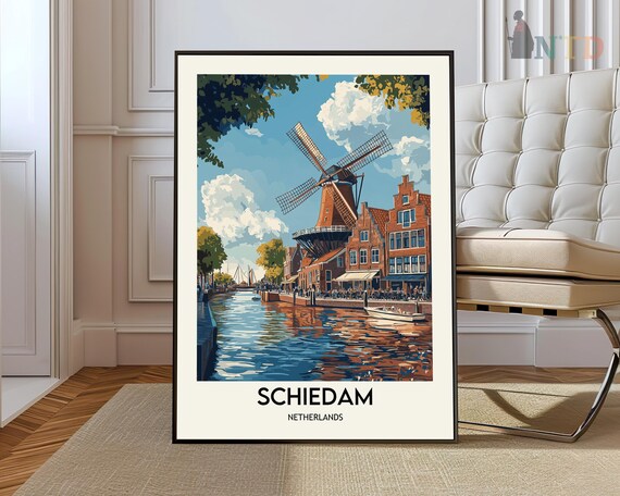 Schiedam Netherlands Grand Windmill Canal Vintage Travel Poster