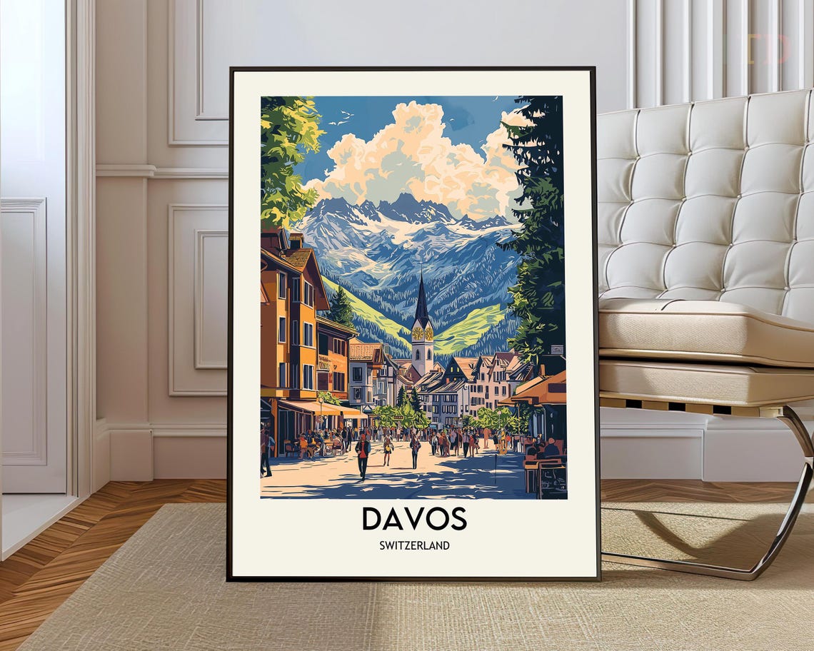 Davos Switzerland Travel Poster Alpine Town Street Mountain View Art