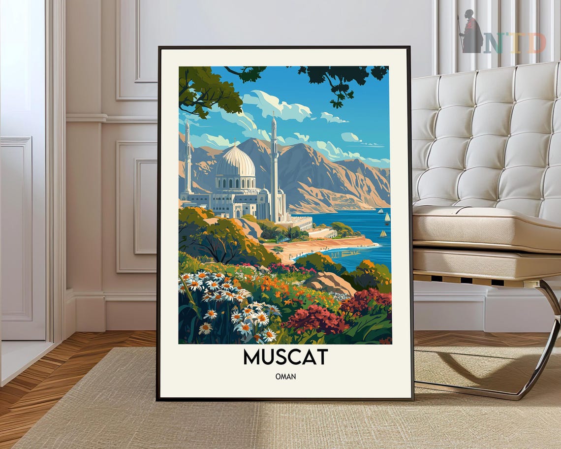 Muscat Oman Grand Mosque Coast Retro Travel Middle East Poster