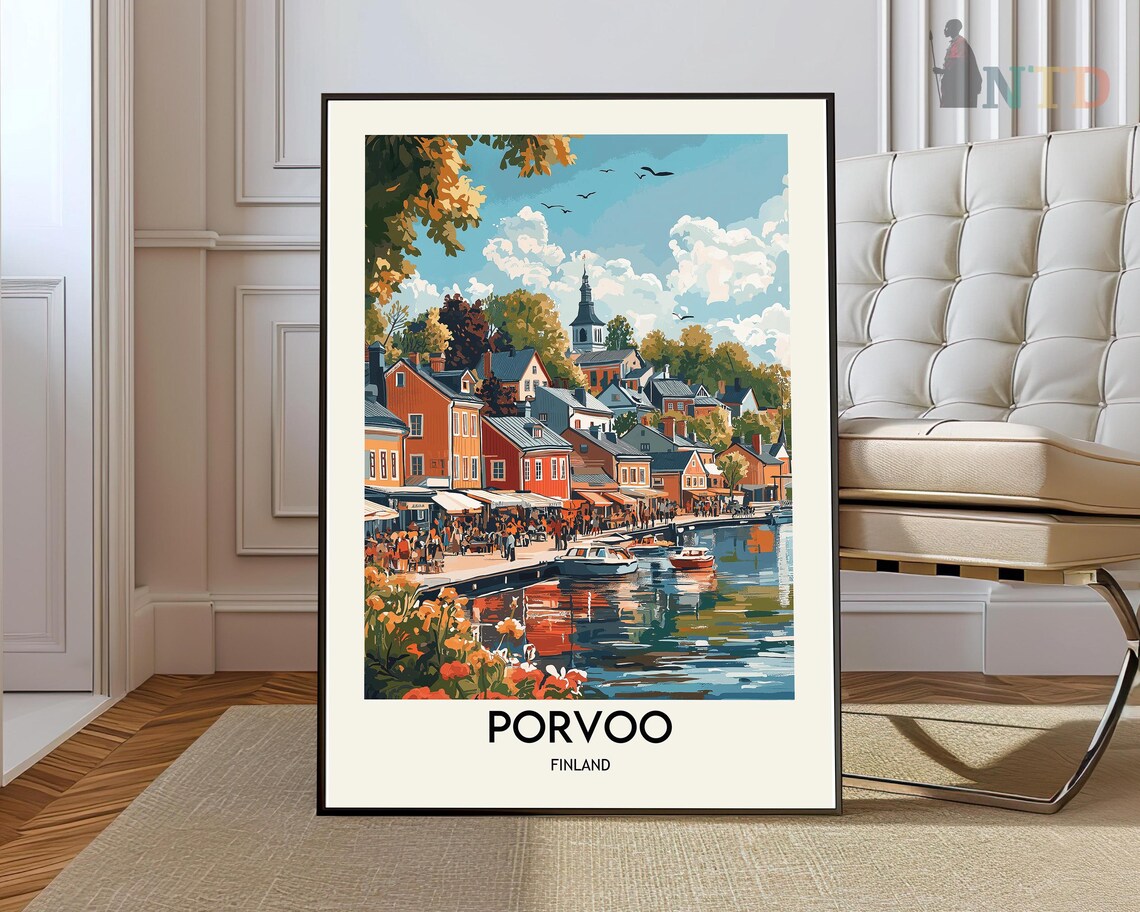 Porvoo Finland Harbor Colorful Wooden Houses Boats Travel Poster