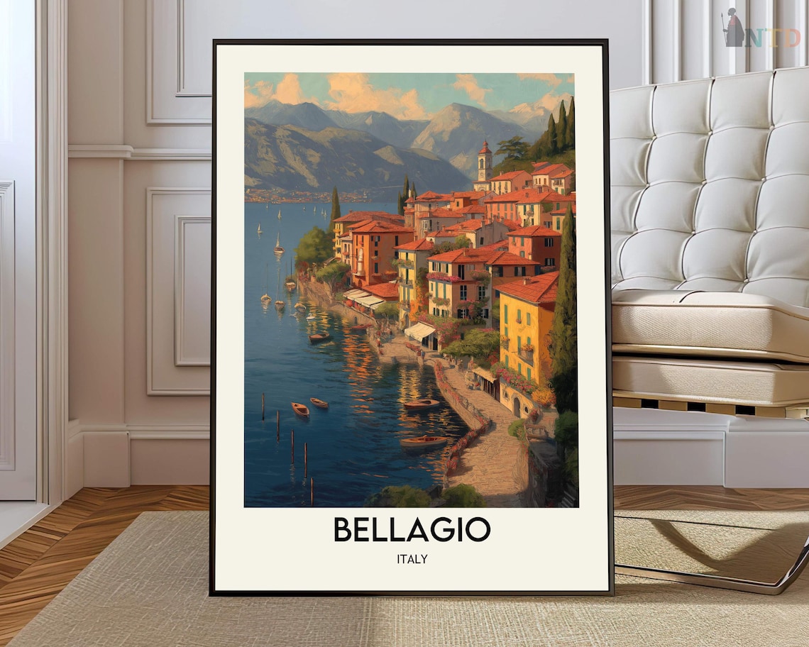 Bellagio Italy Lake Como Waterfront Sunset Village Travel Poster