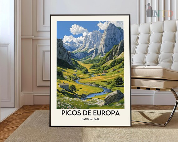 Picos de Europa National Park Spain Green Meadow River Valley Poster