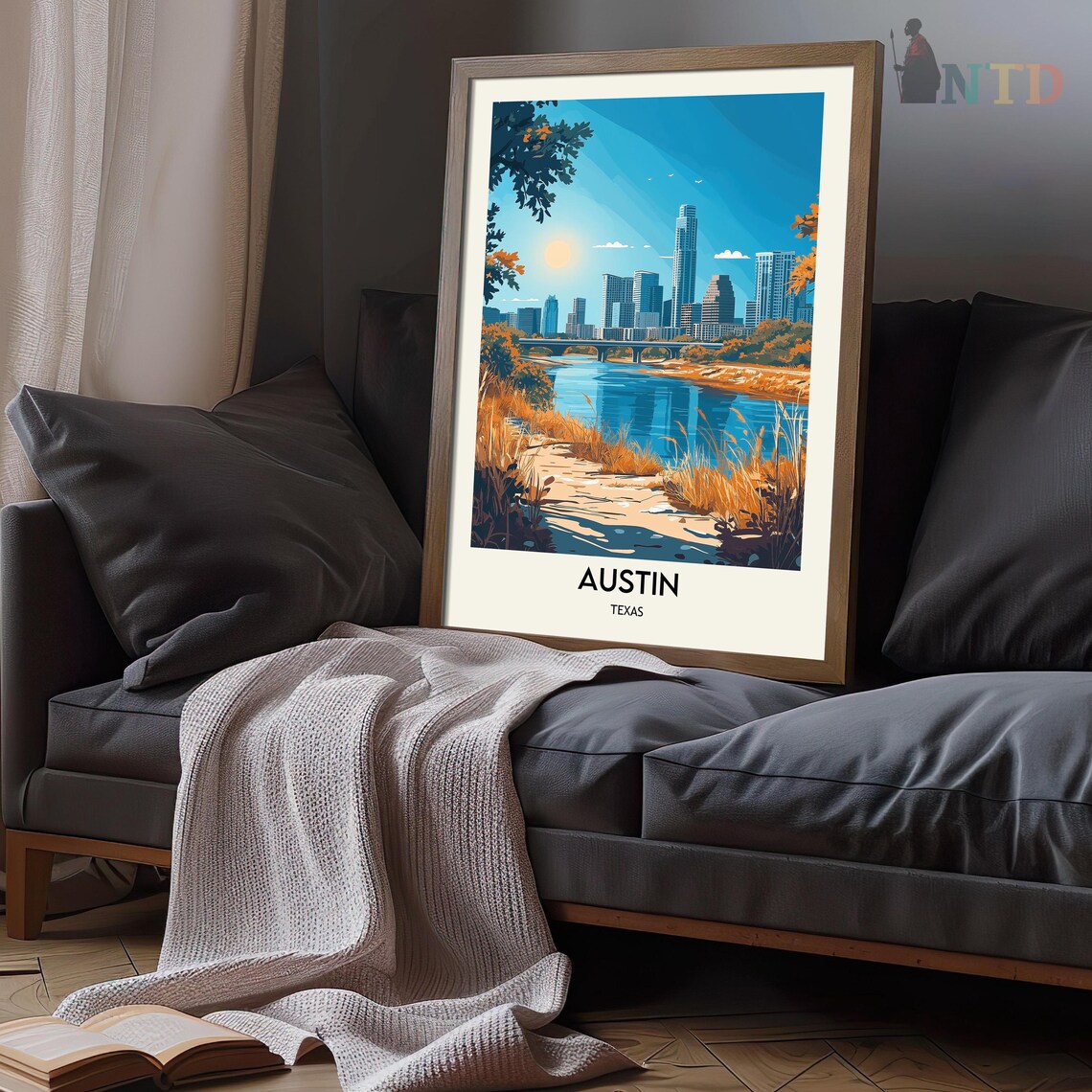Austin Texas Daytime Skyline River Path Reeds Scene Travel Poster - Image 3