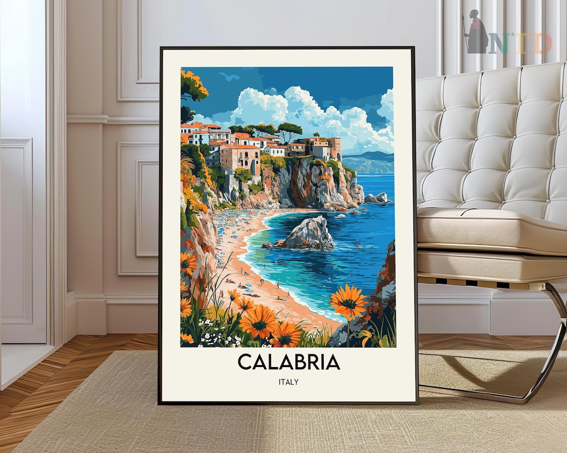 Calabria Italy Cliffside Town Beach Cove Sunflowers Travel Poster