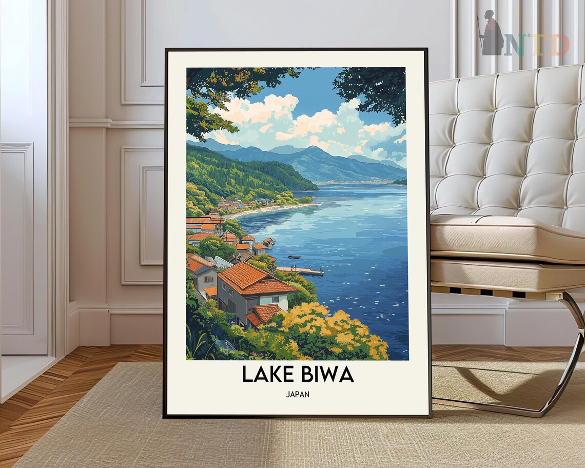 Lake Biwa Japan Lakeside Village Mountain Shore Travel Poster