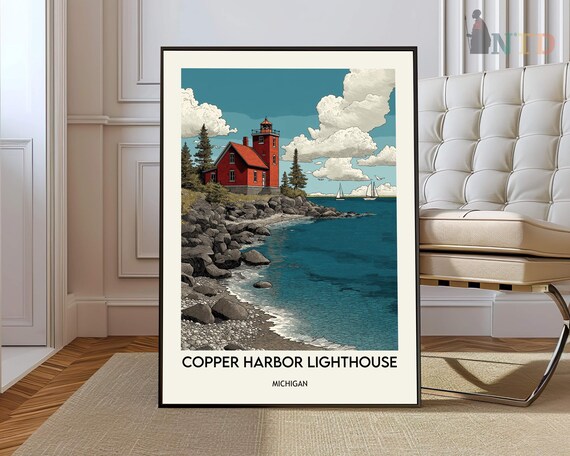 Copper Harbor Lighthouse Michigan Rocky Shore Vintage Poster