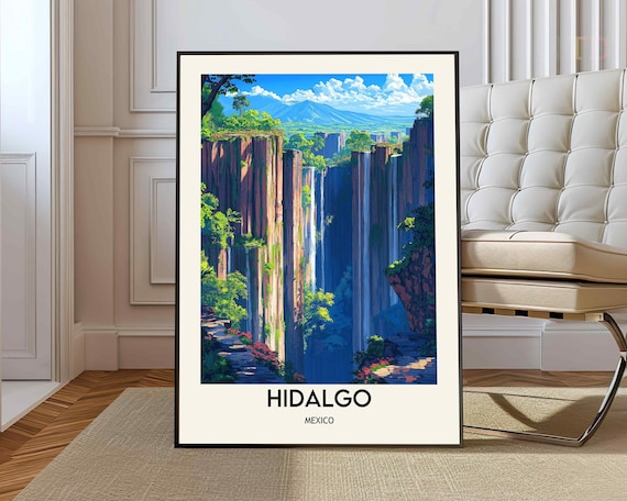 Hidalgo Mexico Travel Poster Waterfall Canyon Lush Landscape