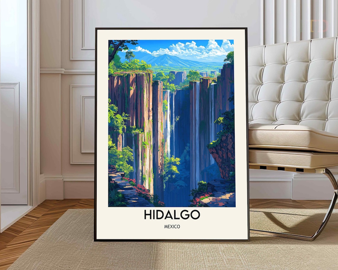 Hidalgo Mexico Travel Poster Waterfall Canyon Lush Landscape
