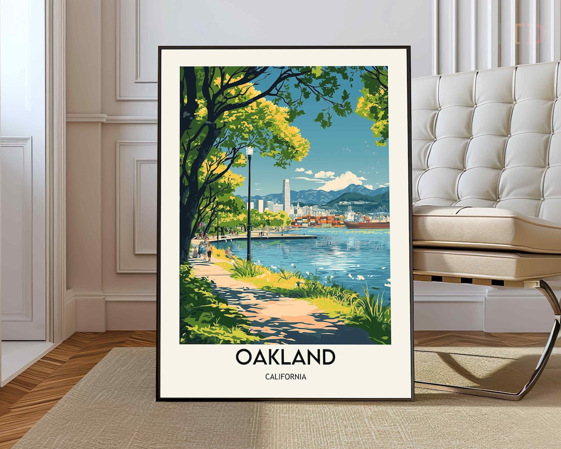 Oakland California Lake Merritt Lakeside Path Skyline Travel Poster
