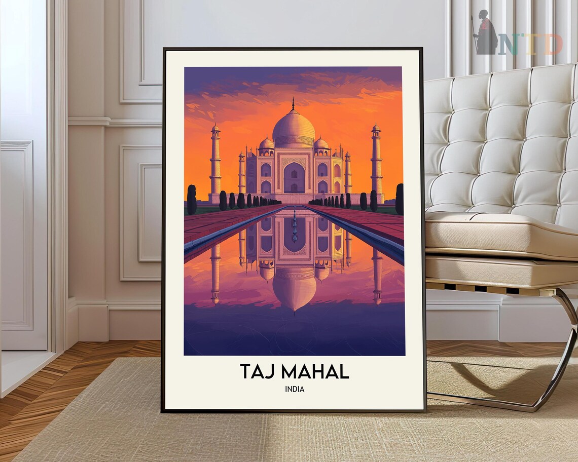 Taj Mahal India Fiery Orange Sunset Over Reflecting Pool Poster