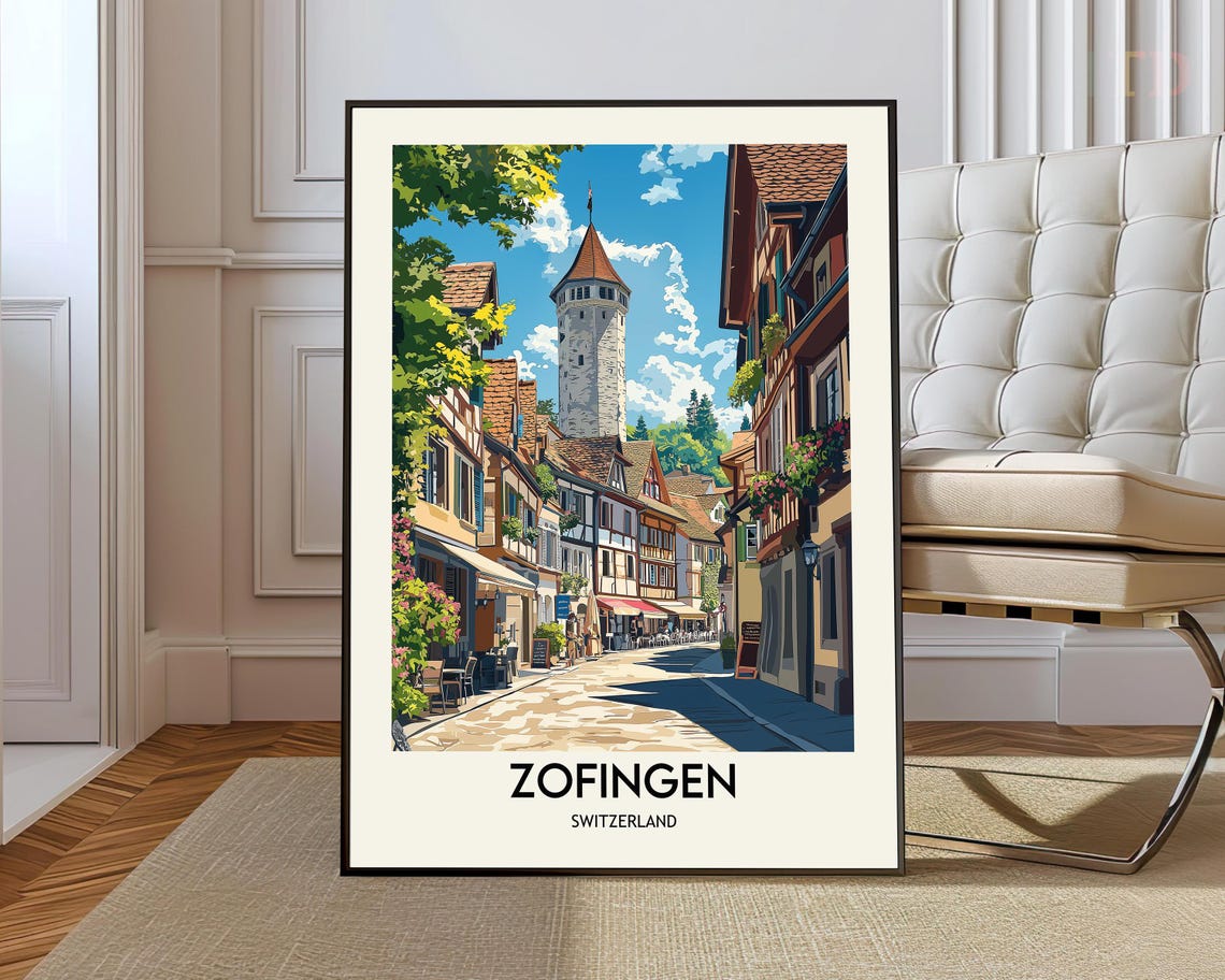 Zofingen Switzerland Old Town Street Medieval Tower Travel Poster