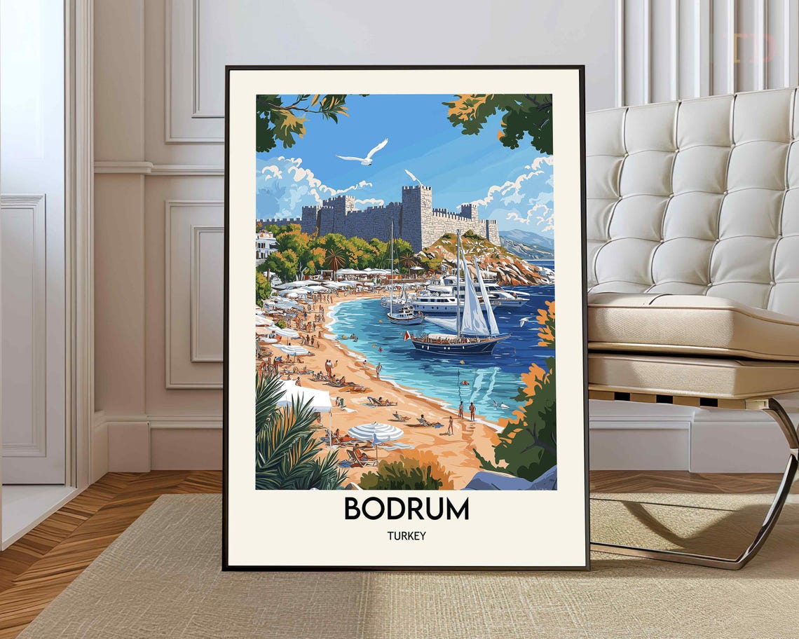 Bodrum Turkey Castle Harbor Sailboat Beach Vintage Travel Poster