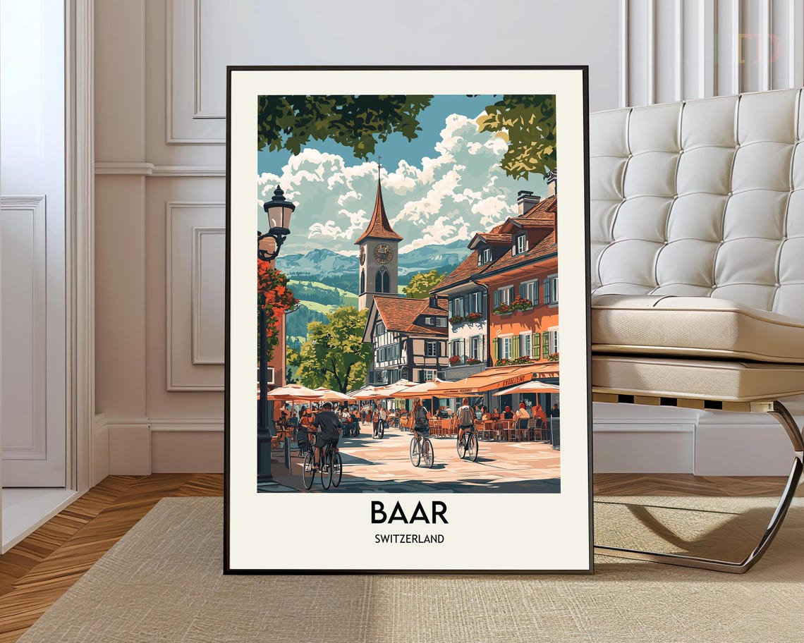 Baar Switzerland Travel Poster Old Town Square Clock Tower Bikes Art