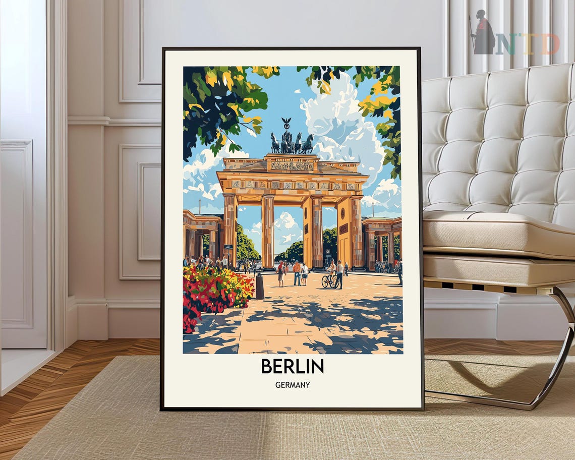 Berlin Germany Brandenburg Gate Summer Crowds Vintage Travel Poster