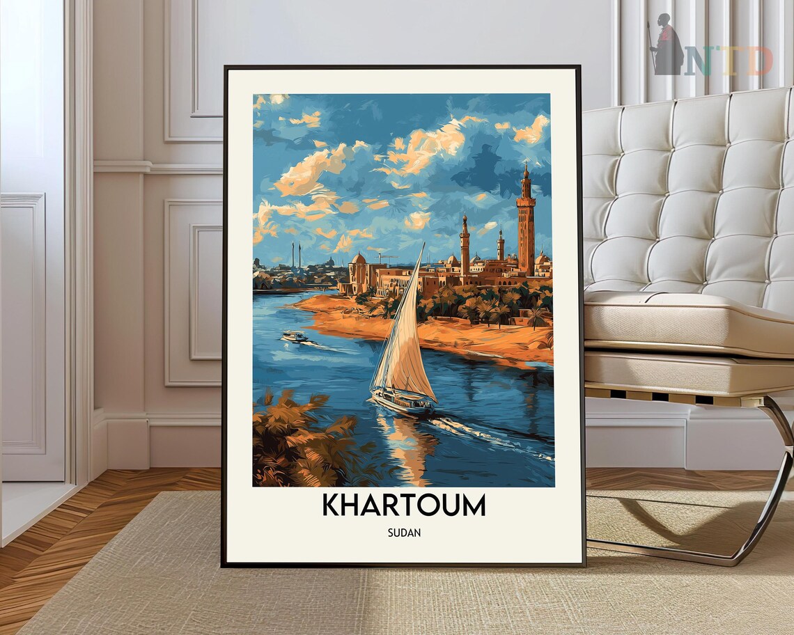 Khartoum Sudan Nile River Sailboat City Skyline Vintage Travel Poster