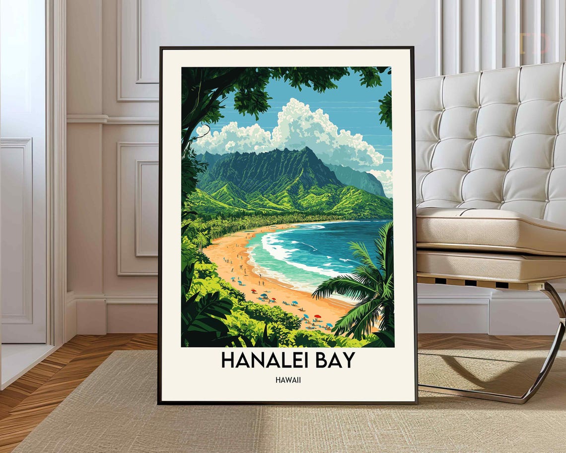 Hanalei Bay Kauai Hawaii Beach Mountains Vintage Travel Poster