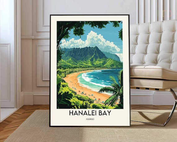 Hanalei Bay Kauai Hawaii Beach Mountains Vintage Travel Poster