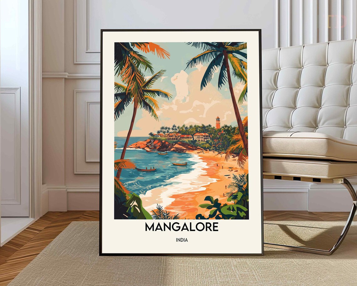 Mangalore India Tropical Beach Palms Vintage Travel Art Poster