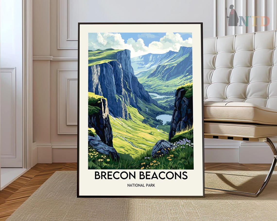 Brecon Beacons National Park Wales Green Cliffs Travel Poster