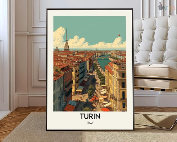 Turin Italy Travel Poster With Mole Antonelliana And Market Street View