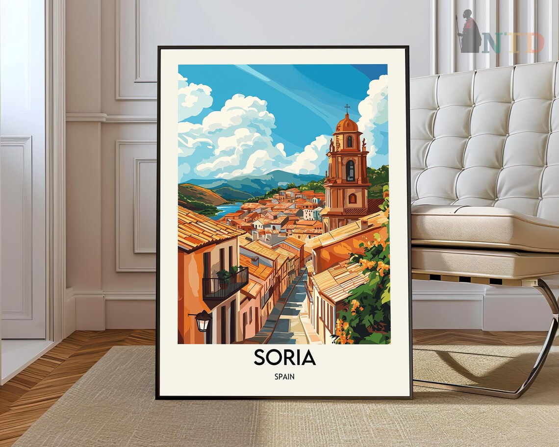 Soria Spain Vintage Travel Poster Old Town Rooftops Church Tower View