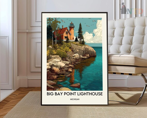 Big Bay Point Lighthouse Michigan Red Brick Tower Vintage Travel Poster