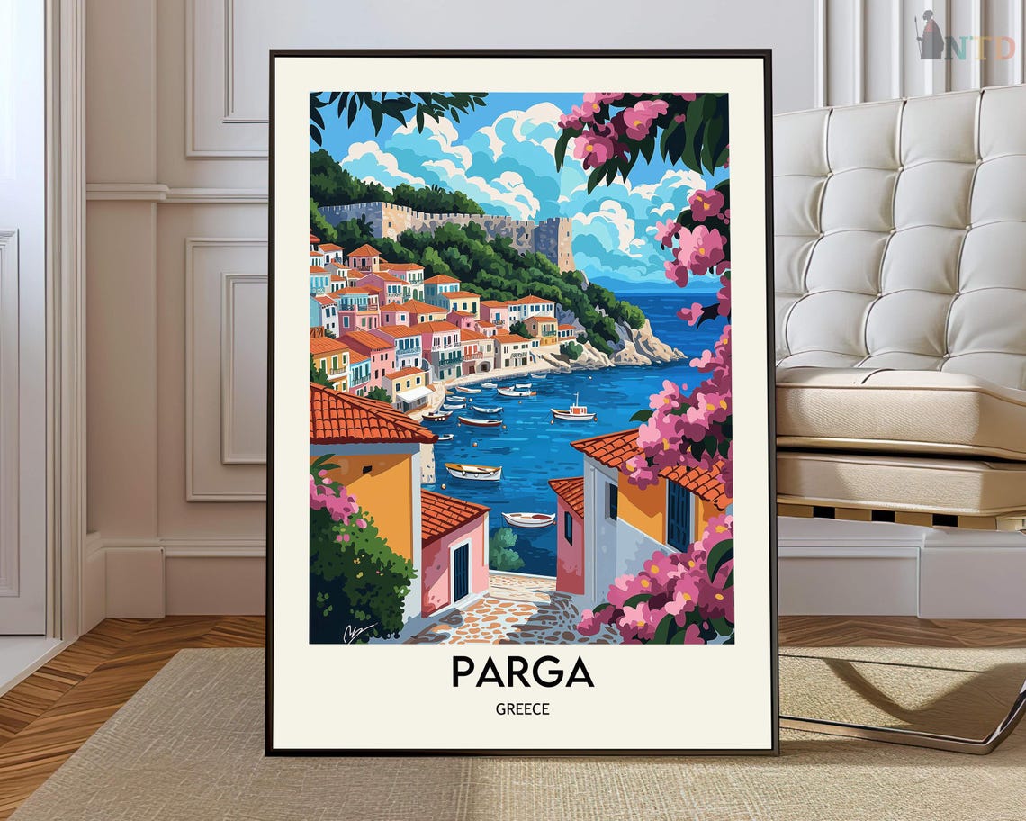 Parga Greece Colorful Harbor Waterfront Bougainvillea Travel Poster