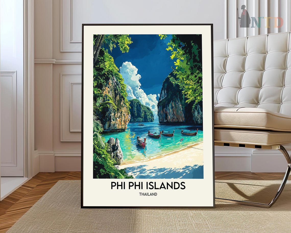 Phi Phi Islands Thailand Beach Longtail Boats Cliffs Travel Poster