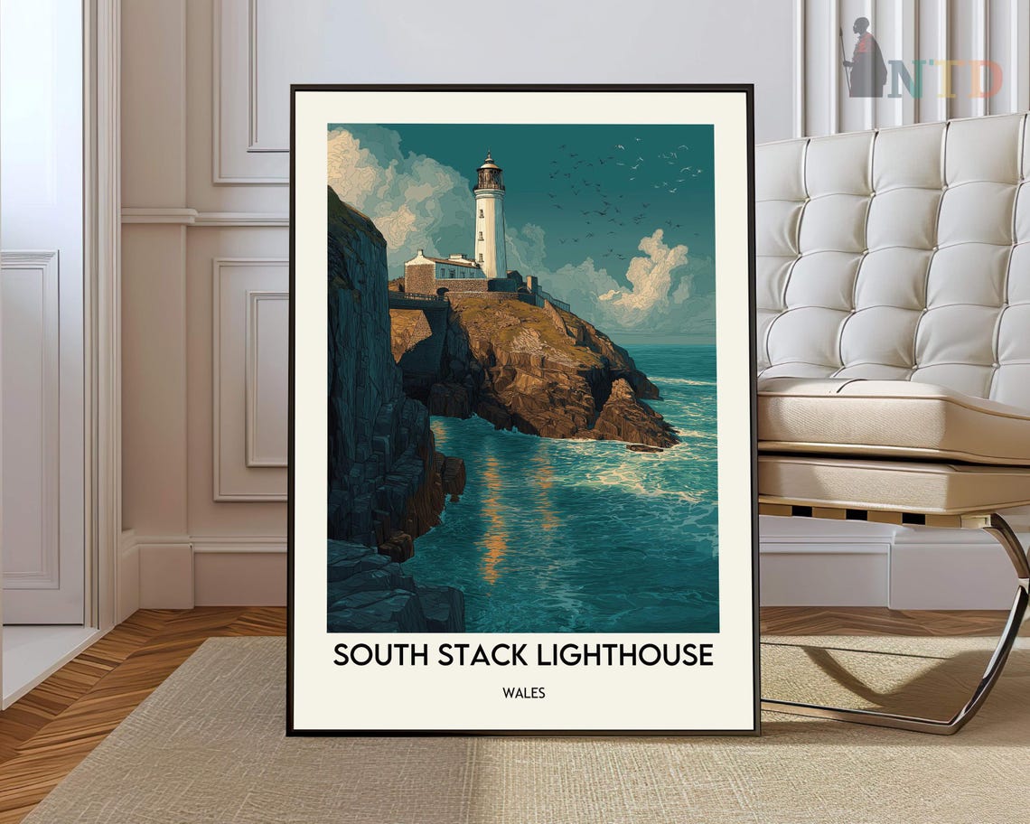 South Stack Lighthouse Wales Calm Teal Sea Cliffside View Poster