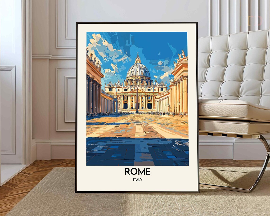 St Peter's Basilica Rome Italy Blue Sky Illustrated Travel Poster