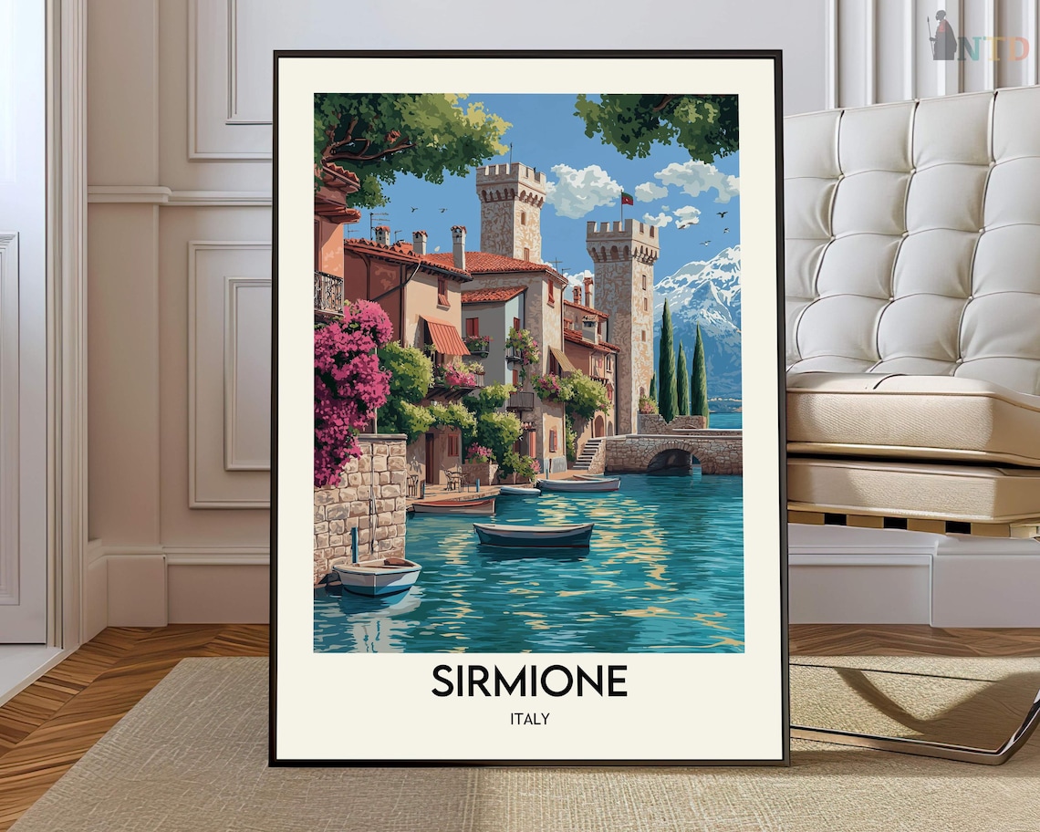 Sirmione Italy Lakeside Castle and Harbor Vintage Travel Poster
