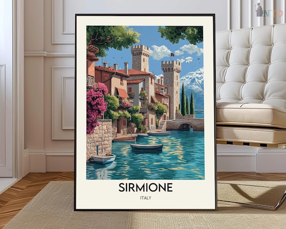 Sirmione Italy Lakeside Castle and Harbor Vintage Travel Poster