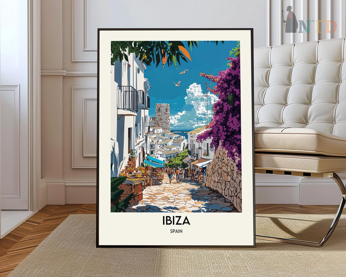 Ibiza Spain Cobblestone Market Street Whitewashed Town Travel Poster