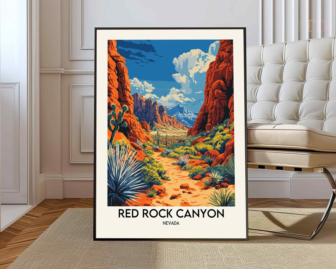 Red Rock Canyon Nevada Desert Cactus Vintage Travel Art Poster
