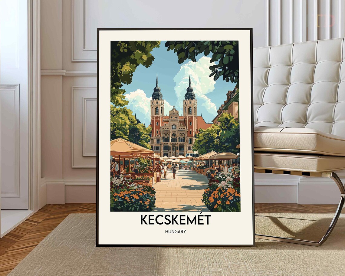 Kecskemet Hungary City Square Twin Spires Vintage Travel Poster