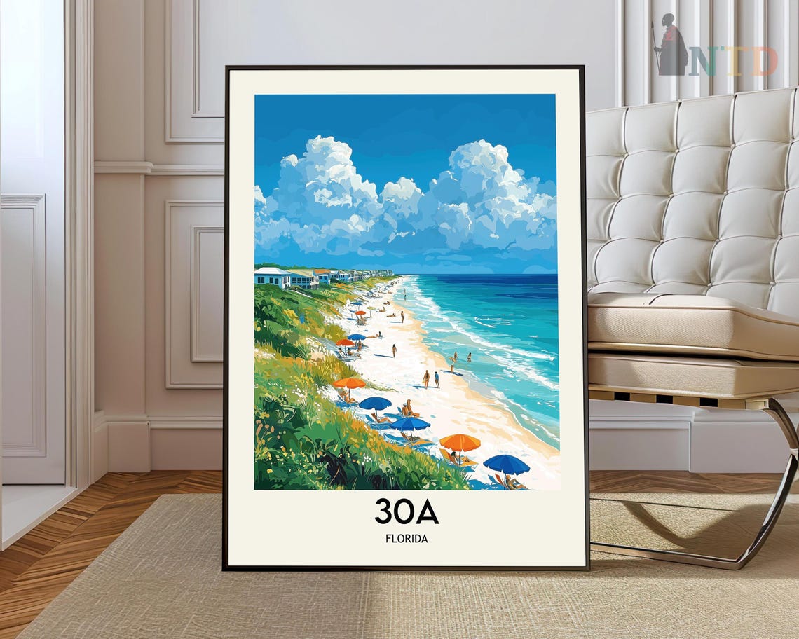 Scenic Highway 30A Florida Emerald Beach Vintage Travel Poster