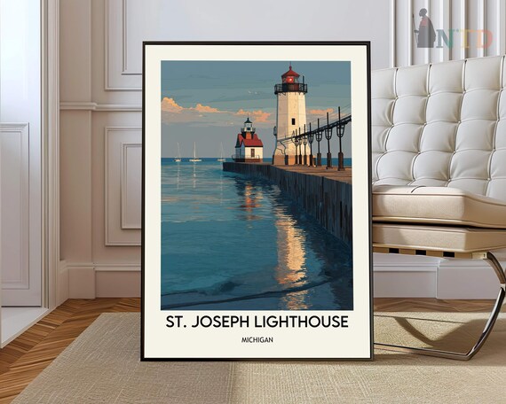 St Joseph Lighthouse Michigan Pier Sailboats Sunset Travel Poster