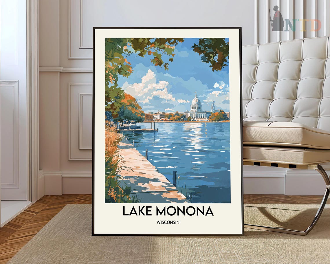 Lake Monona Wisconsin Capitol Skyline Sunny Shore Travel Poster