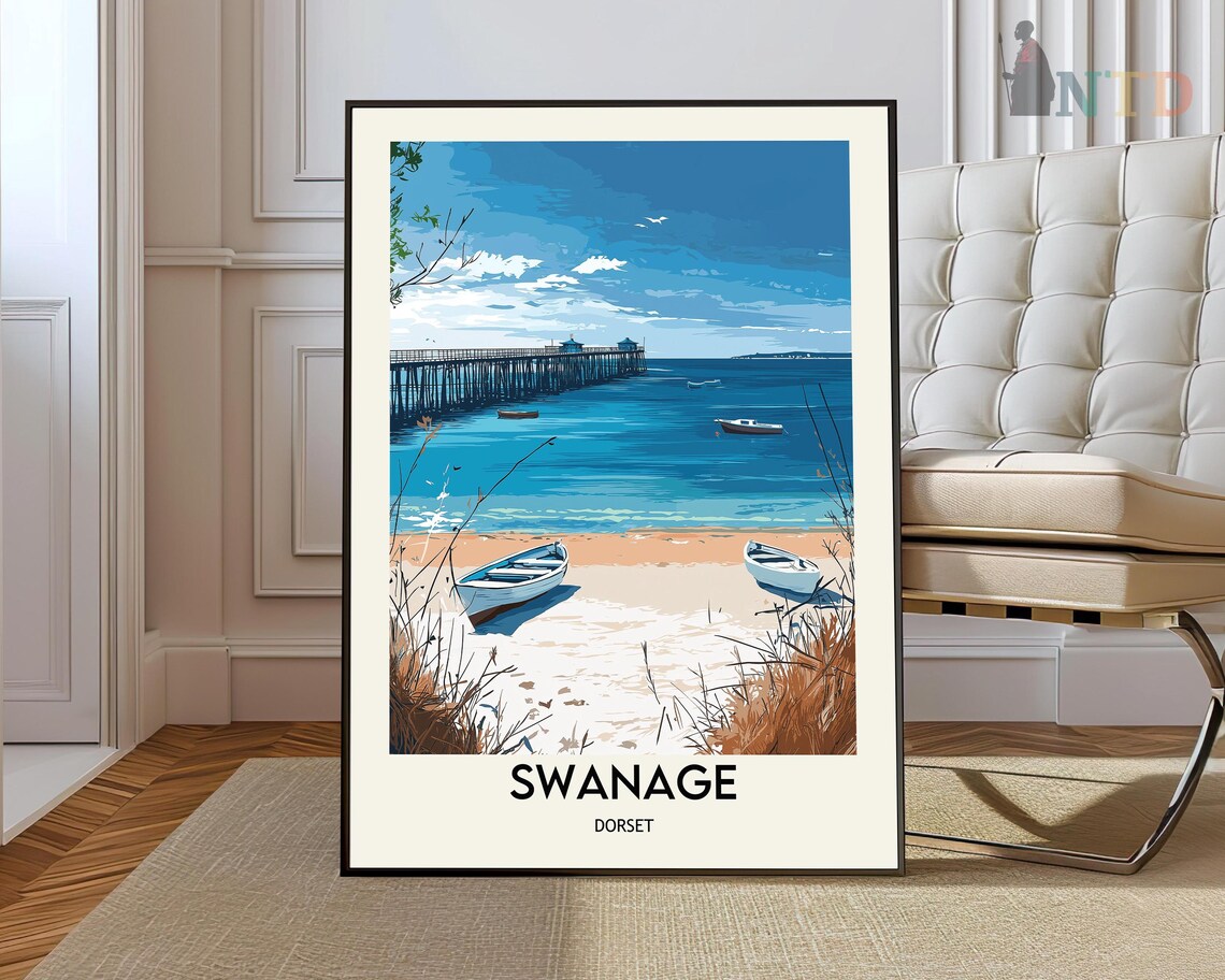 Swanage Dorset England Beach Pier Rowboats Sunny Travel Poster