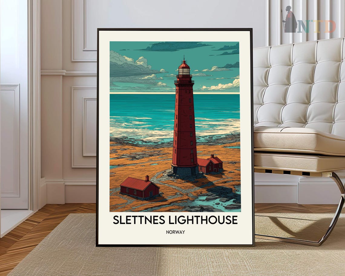 Slettnes Lighthouse Norway Golden Hour Turquoise Sea Travel Poster